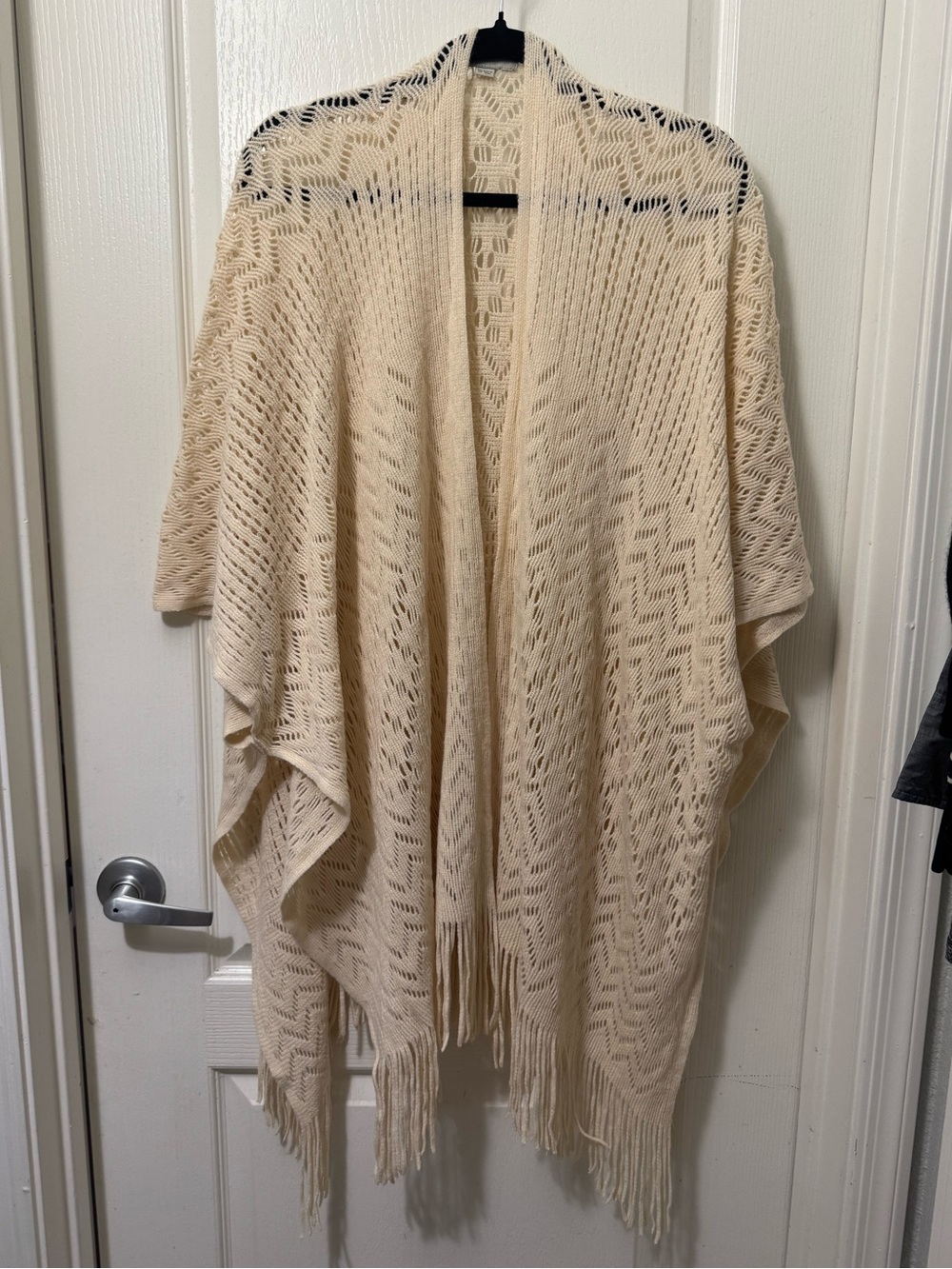 LOFT Cream Open-Knit Fringe Poncho Shawl